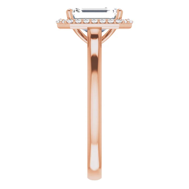 Emerald Halo Solitaire Lab Diamond Engagement Ring Rose Gold. 