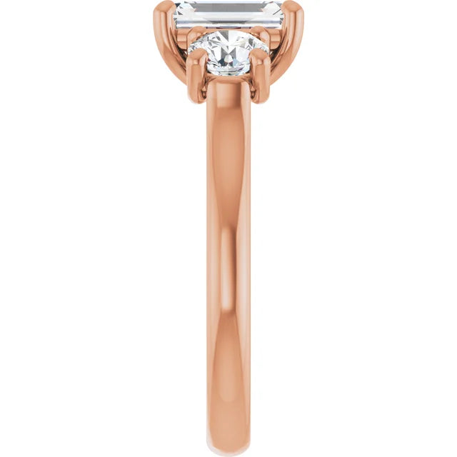 Emerald Rose Gold Tri Stone Lab Diamond Engagement Ring