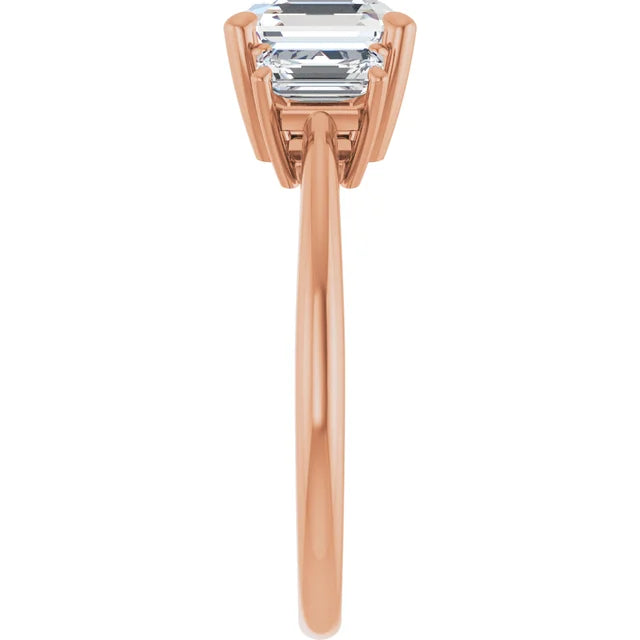 Asscher Rose Gold Tri Stone Lab Diamond Engagement Ring