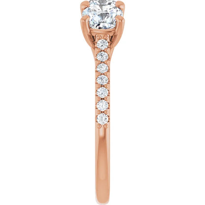 Cushion Rose Gold Tri Stone Lab Diamonds Engagement Ring 