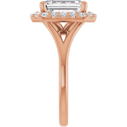 Emerald Rose Gold Halo Solitaire Split Band Lab Diamond Engagement Ring 
