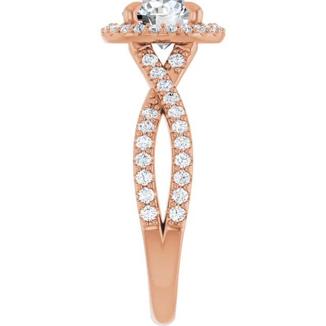 Round Brilliant Rose Gold Twist Band Halo Lab Diamond Engagement Ring  