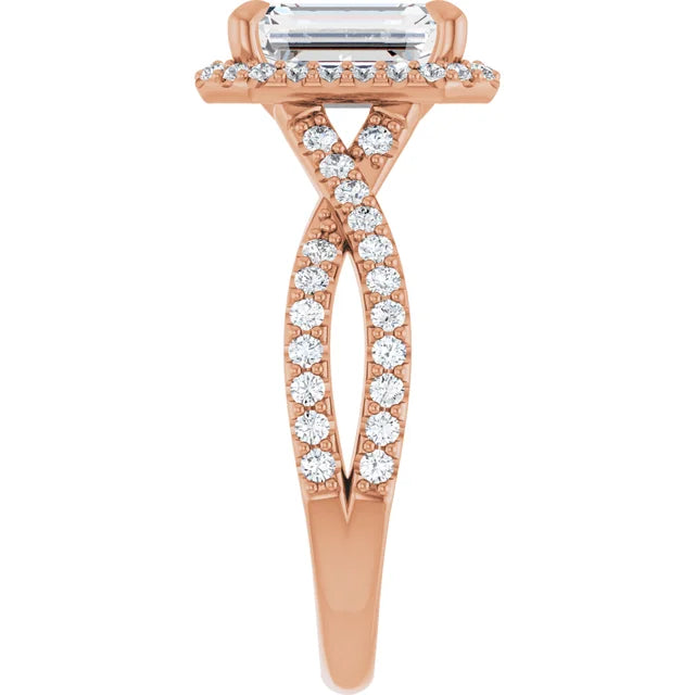 Emerald Rose Gold Twist Band Halo Lab Diamond Engagement Ring  