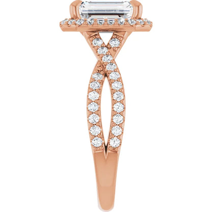 Emerald Rose Gold Twist Band Halo Lab Diamond Engagement Ring  