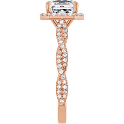 Asscher Rose Gold Halo Twist Pave Moissanite Engagement Ring 