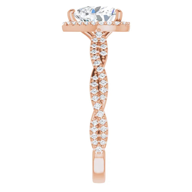 Heart Rose Gold Halo Twist Pave Moissanite Engagement Ring 