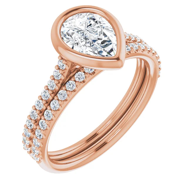 Pear Rose Gold Bezel Pave Lab Diamond Engagement Ring 