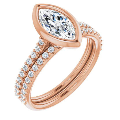 Marquise Rose Gold Bezel Pave Lab Diamond Engagement Ring 