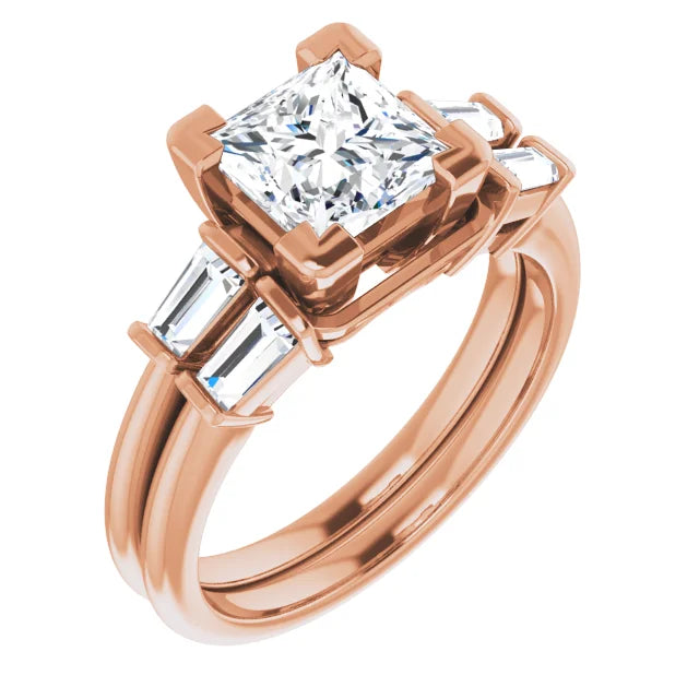 Princess Rose Gold Baguette Accent Lab Diamond Engagement Ring