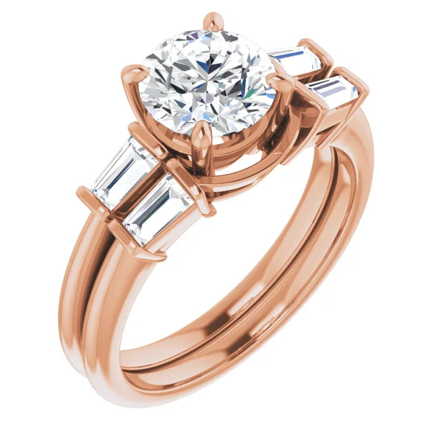 Round Brilliant Rose Gold Baguette Accent Lab Diamond Engagement Ring 
