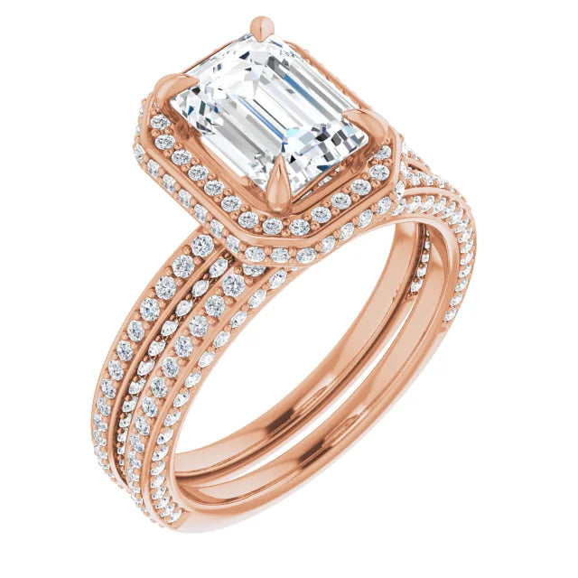 Emerald Rose Gold Halo Pave Style Lab Diamond Engagement Ring 