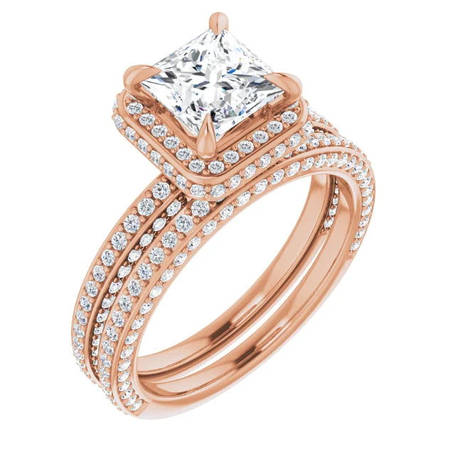 Princess Rose Gold Halo Pave Style Lab Diamond Engagement Ring 