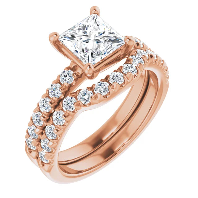 Princess Rose Gold Four Claw Pave Band Lab Diamond Engagement Ring 