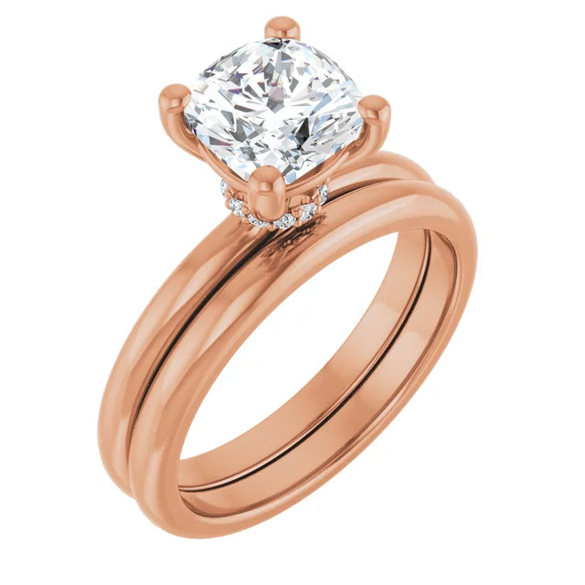 Cushion Cut Rose Gold Low Hidden Halo Solitaire Engagement Ring