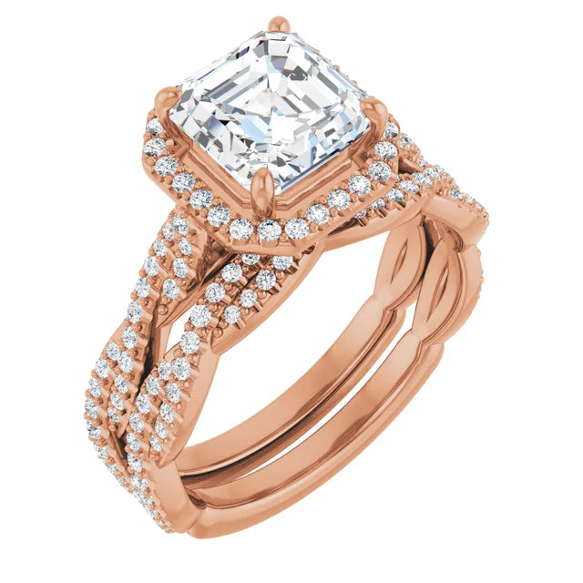 Asscher Rose Gold Halo Twist Pave Moissanite Engagement Ring 