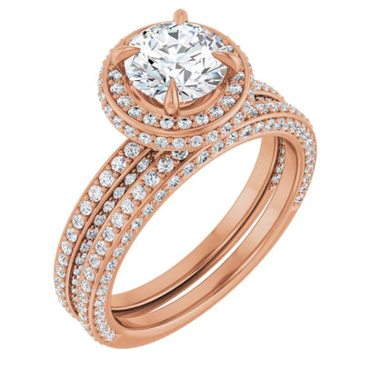 Round Brilliant Rose Gold Halo Pave Style Lab Diamond Engagement Ring 
