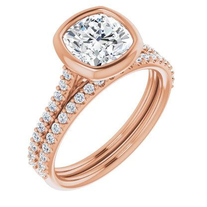 Cushion Rose Gold Bezel Pave Lab Diamond Engagement Ring 