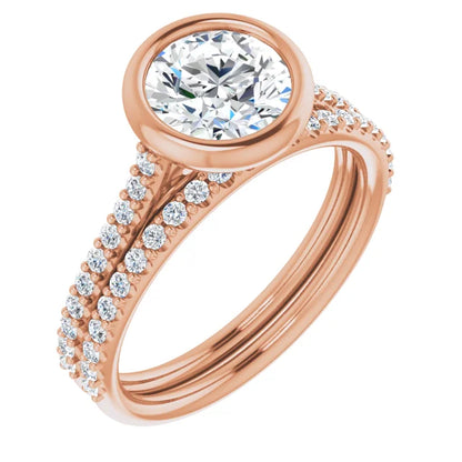 Round Brilliant Rose Gold Bezel Pave Lab Diamond Engagement Ring 