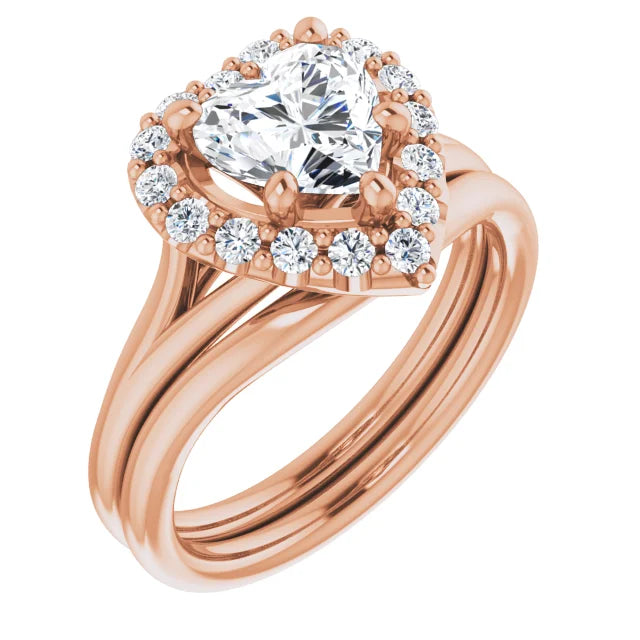 Heart Rose Gold Halo Solitaire Split Band Lab Diamond Engagement Ring 