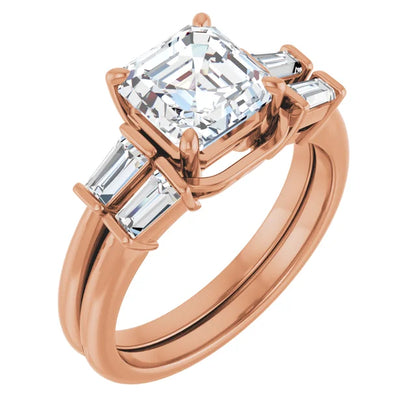 Asscher Rose Gold Baguette Accent Lab Diamond Engagement Ring 