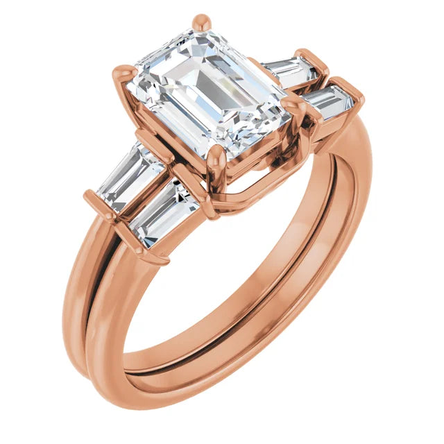 Emerald Rose Gold Baguette Accent Lab Diamond Engagement Ring 