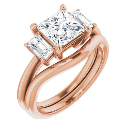 Princess Rose Gold Tri Stone Lab Diamond Engagement Ring