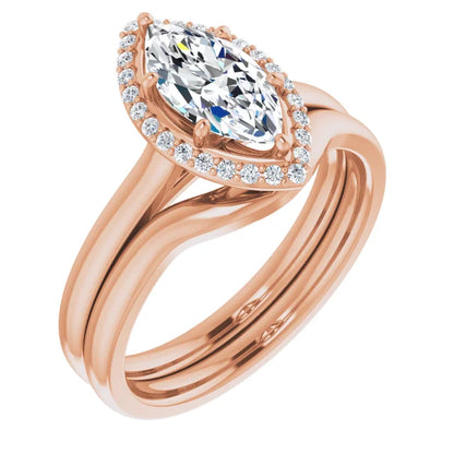 Marquise Halo Solitaire Lab Diamond Engagement Ring Rose Gold. 