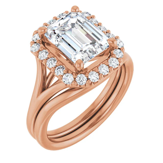 Emerald Rose Gold Halo Solitaire Split Band Lab Diamond Engagement Ring 