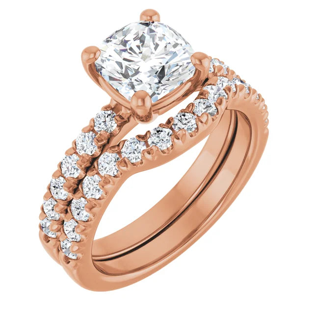 Cushion Four Claw Pave Rose Gold Engagement Ring 