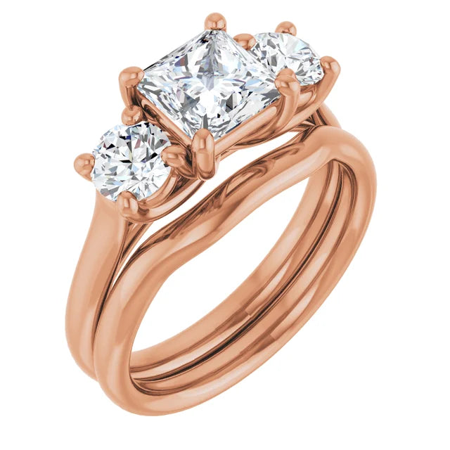 Princess Rose Gold Tri Stone Lab Diamond Engagement Ring