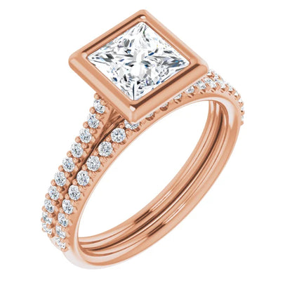 Princess Rose Gold Bezel Pave Lab Diamond Engagement Ring 