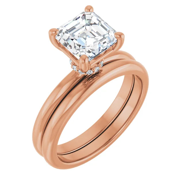 Asscher Cut Rose Gold Low Hidden Halo Solitaire Engagement Ring