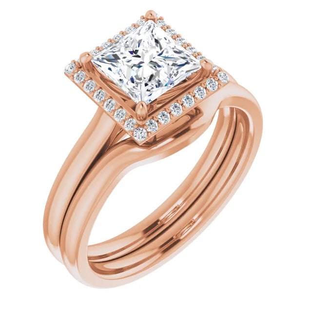 Princess Halo Solitaire Lab Diamond Engagement Ring Rose Gold. 
