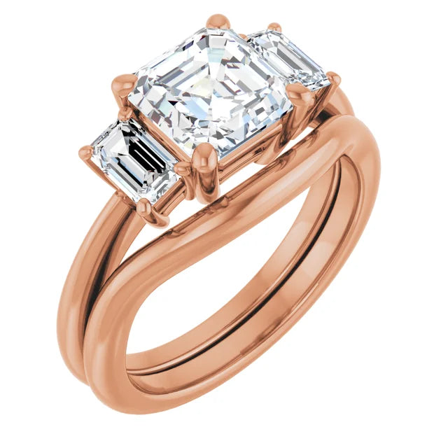 Asscher Rose Gold Tri Stone Lab Diamond Engagement Ring