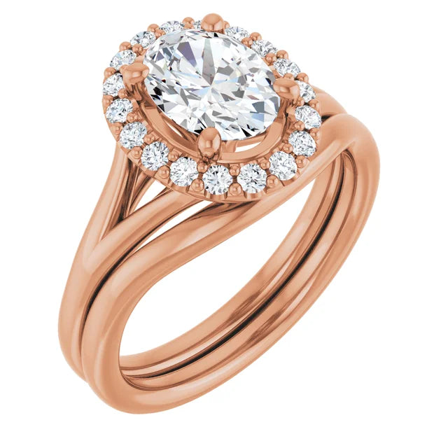 Oval Rose Gold Halo Solitaire Split Band Lab Diamond Engagement Ring 