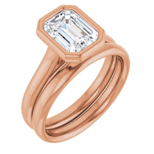 Emerald Rose Gold Bezel Solitaire Lab Diamond Engagement Ring 