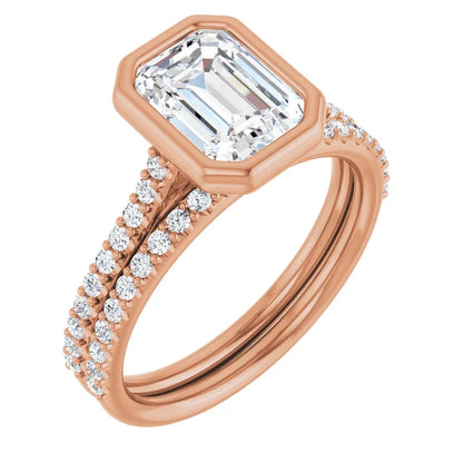 Emerald Rose Gold Bezel Pave Lab Diamond Engagement Ring 