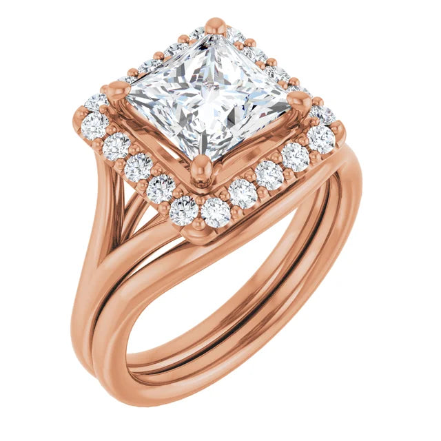 Princess Rose Gold Halo Solitaire Split Band Lab Diamond Engagement Ring 