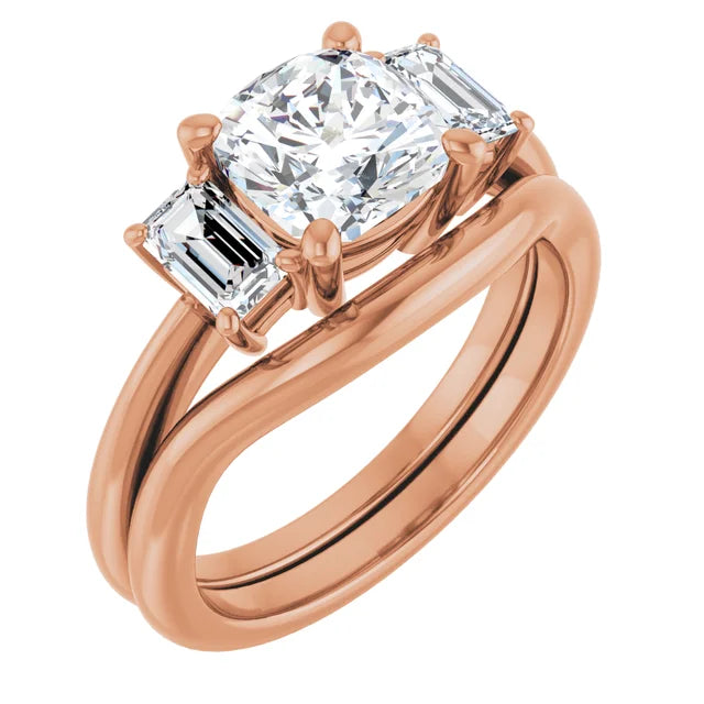 Cushion Rose Gold Tri Stone Lab Diamond Engagement Ring