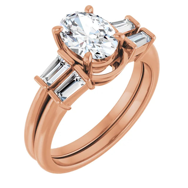 Oval Rose Gold Baguette Accent Lab Diamond Engagement Ring