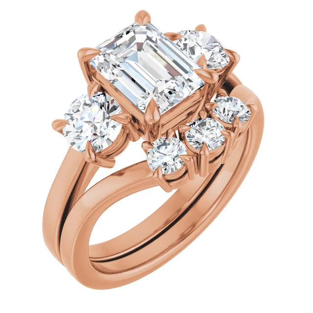 Emerald Rose Gold Tri Stone Lab Diamond Engagement Ring 