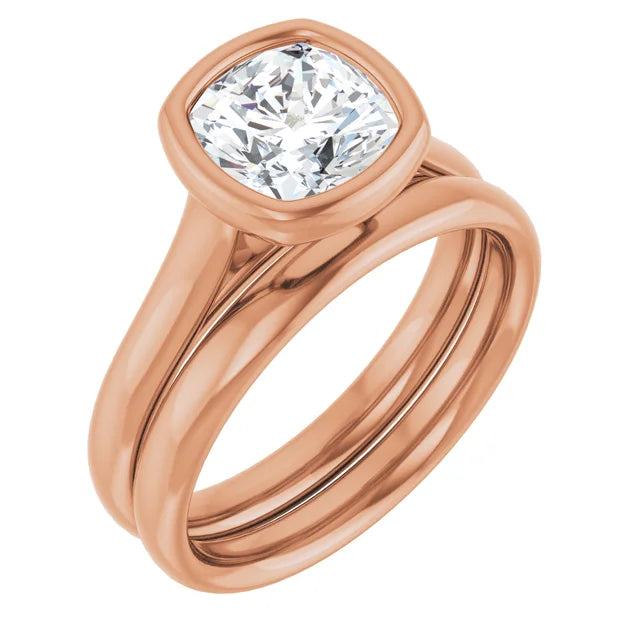 Cushion Rose Gold Bezel Solitaire Lab Diamond Engagement Ring 