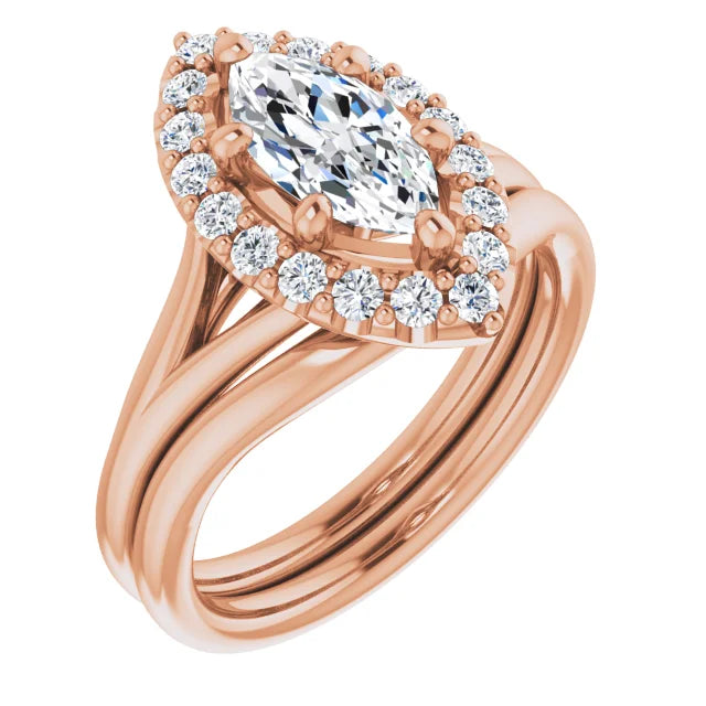 Marquise Rose Gold Halo Solitaire Split Band Lab Diamond Engagement Ring 