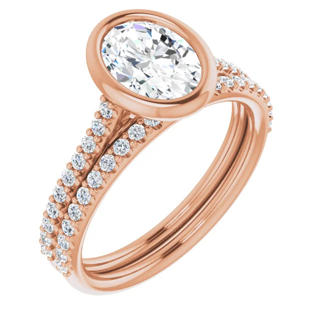 Oval Rose Gold Bezel Pave Lab Diamond Engagement Ring 