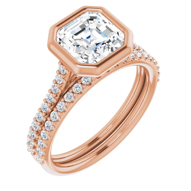 Asscher Rose Gold Bezel Pave Lab Diamond Engagement Ring 