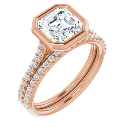 Asscher Rose Gold Bezel Pave Lab Diamond Engagement Ring 
