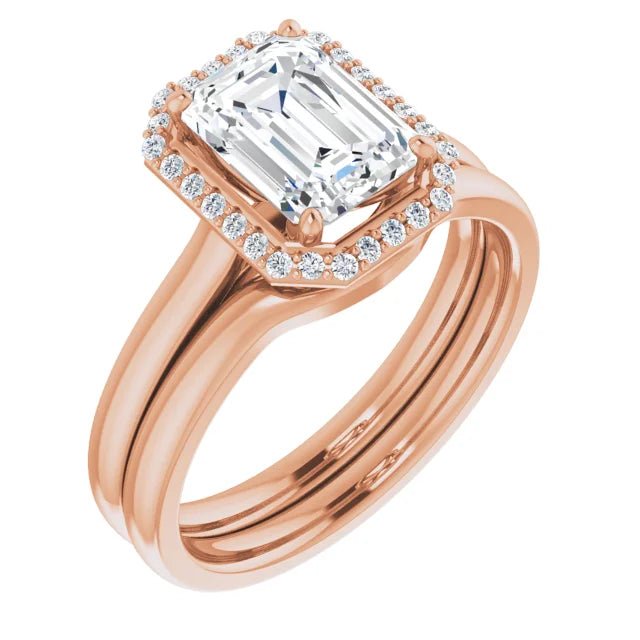 Emerald Halo Solitaire Lab Diamond Engagement Ring Rose Gold. 