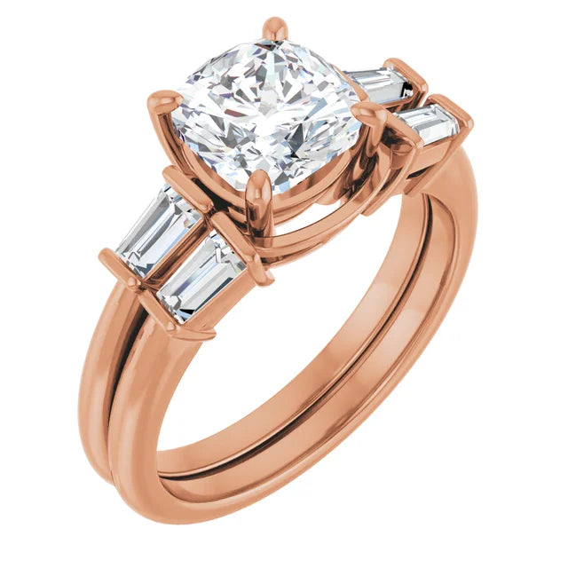 Cushion Rose Gold Baguette Accent Lab Diamond Engagement Ring 