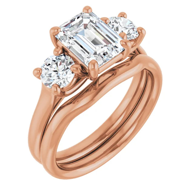 Emerald Rose Gold Tri Stone Lab Diamond Engagement Ring