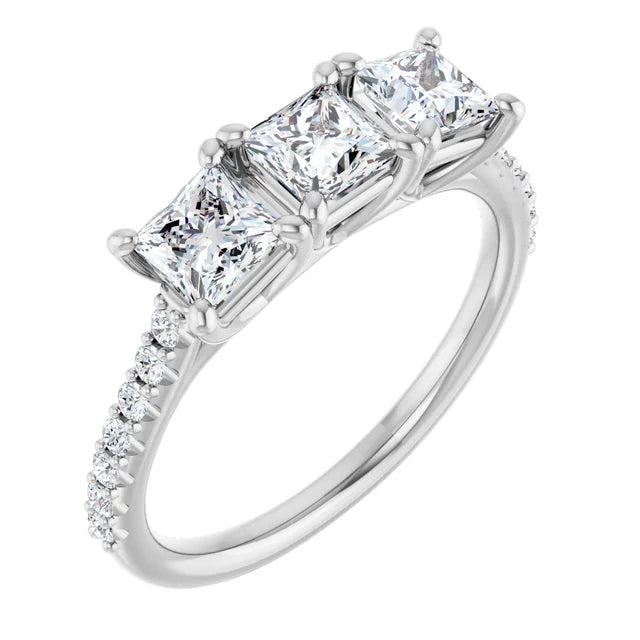 Princess White Gold Tri Stone Lab Diamonds Engagement Ring 